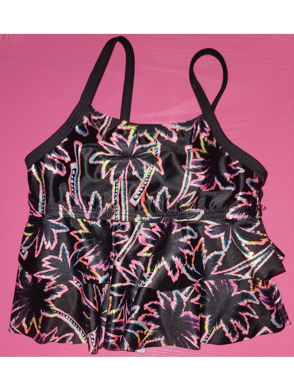 PALM TREES PRINT BLACK RUFFLED TANKINI SWIM TOP GIRLS SIZE 4